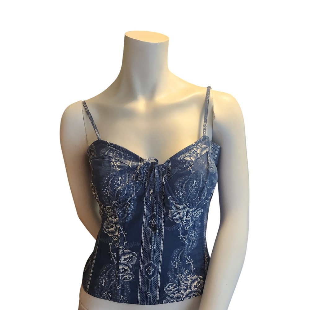 Lauren Ralph Lauren Indigo Blue Floral‎ Cotton Corset Bustier Camisole Top 12